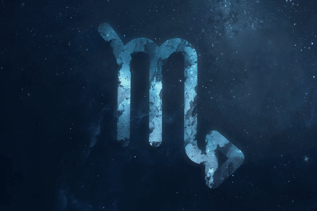 A imagem mostra o símbolo do signo de escorpião em destaque sobre um fundo que representa o espaço, repleto de estrelas e nebulosas. O ícone aparece em tons de azul, com textura que se mistura ao cenário cósmico.