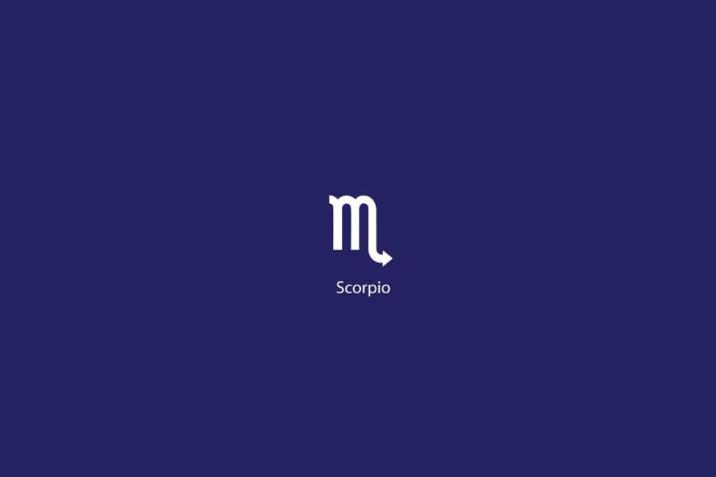 Ilustração do signo de Escorpião em branco, com o nome abaixo, centralizado, sobre um fundo azul-escuro