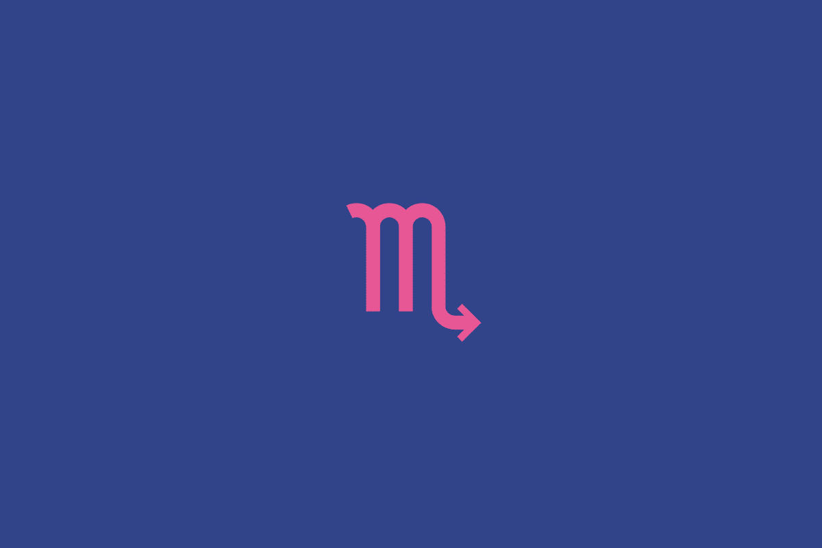Ilustração do signo de escorpião na cor rosa e centralizado em fundo azul-escuro