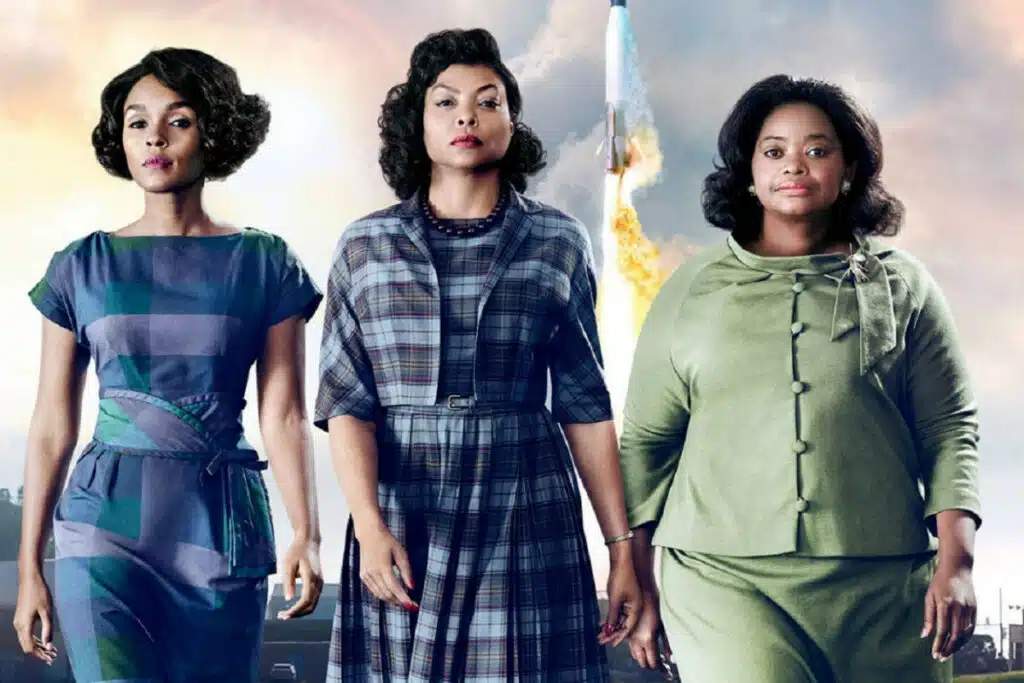 Arte do filme "Estrelas Além do Tempo", com três mulheres negras em primeiro plano e um foguete sendo lançado ao fundo.
