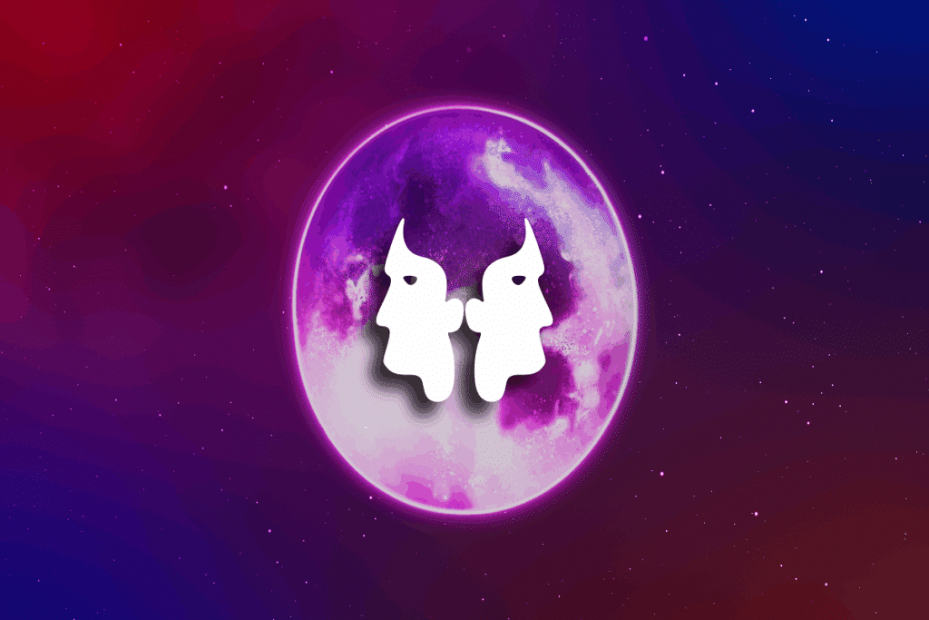 A imagem apresenta uma representação do signo de gêmeos, com a silhueta branca da cabeça de dois homens posicionada no centro de uma lua em tons de roxo e rosa.