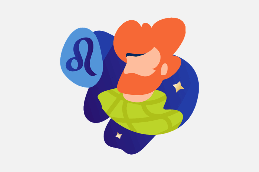 Ilustração do signo de Leão, contendo o perfil de um homem de cabelo e barba laranja e o símbolo de Leão em um balão azul.