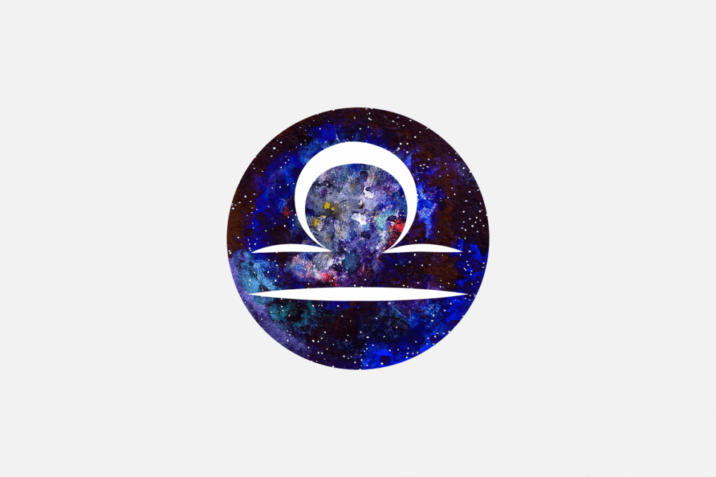 Ilustração do signo de Libra, em fundo cinza-claro, contendo um disco com textura de galáxia estrelada com o símbolo da balança, formado por um semicírculo sobre uma linha horizontal em traço branco.