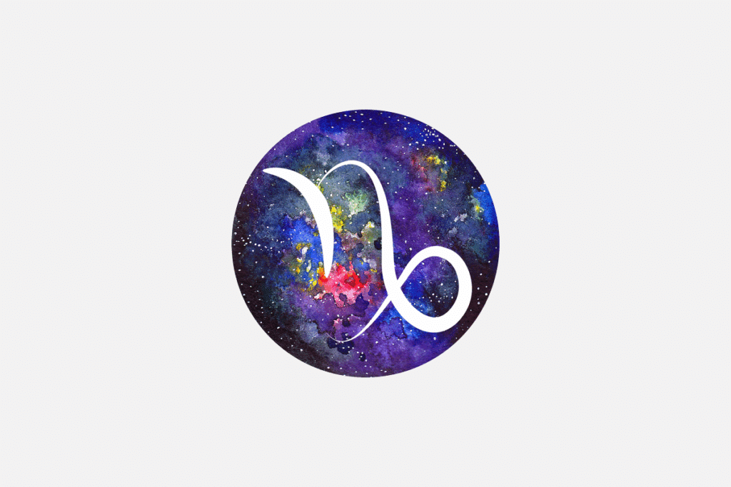 Ilustração do signo de Capricórnio, em fundo cinza-claro, contendo um disco com textura de galáxia estrelada com o símbolo da cabra, formado por um traço anguloso unido a um laço em branco.