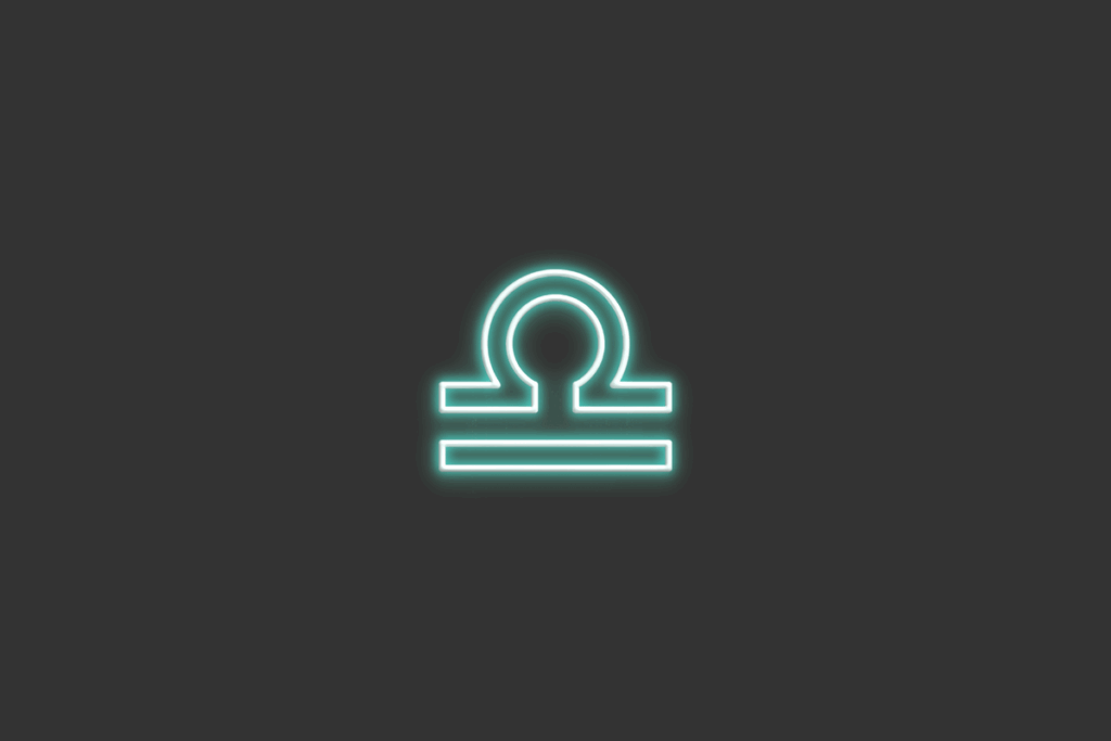 Ilustração do signo de Libra, em fundo cinza-escuro, contendo o símbolo de círculo quase fechado com linha embaixo desenhado em neon verde-água.