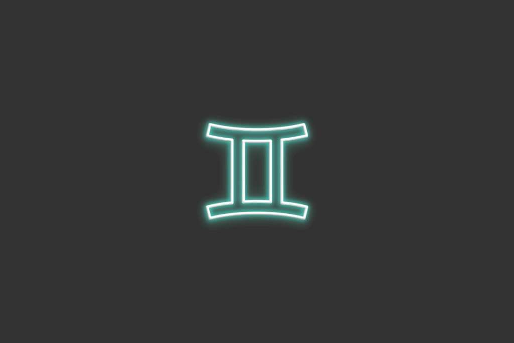 Ilustração do signo de Gêmeos, em fundo cinza-escuro, contendo o símbolo das duas colunas desenhado em neon verde-água.