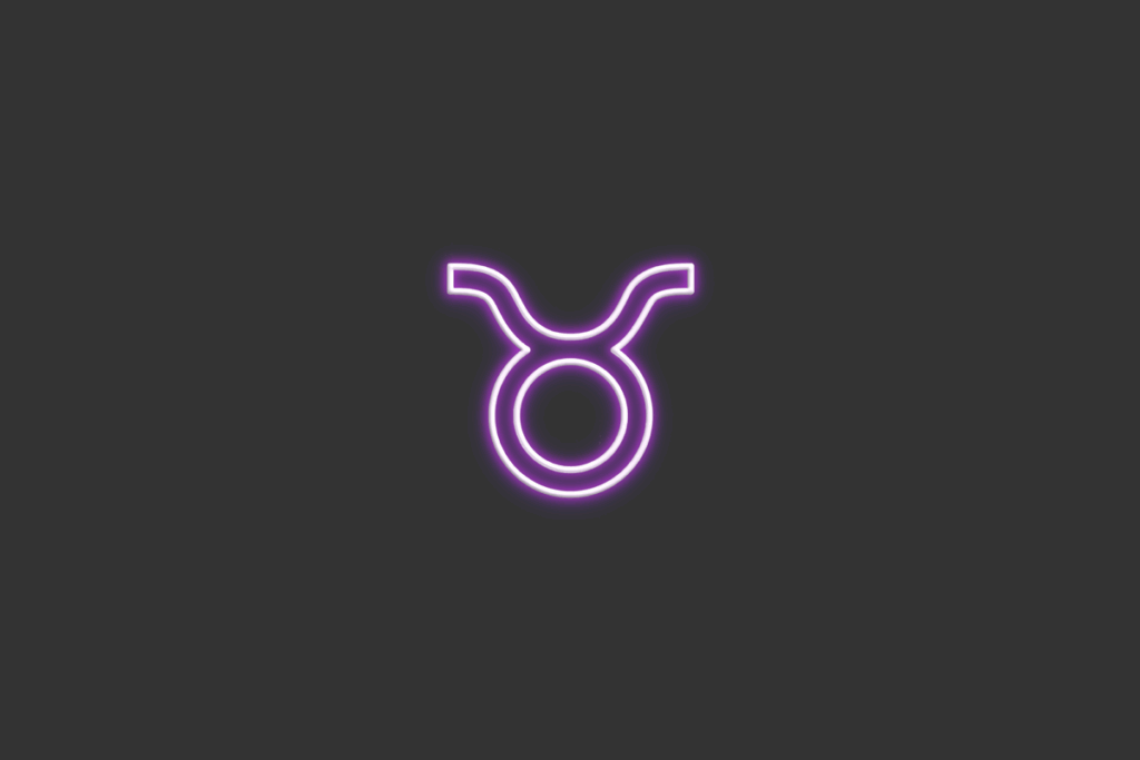 Ilustração do signo de Touro, em fundo cinza-escuro, contendo um círculo com chifres desenhado em neon roxo.