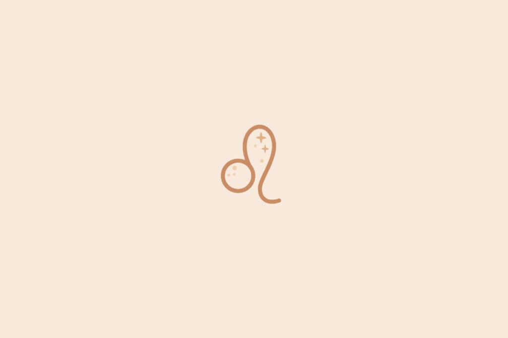 Imagem minimalista com fundo bege claro e um símbolo marrom de Leão no centro, acompanhado de pequenos detalhes místicos acima do desenho