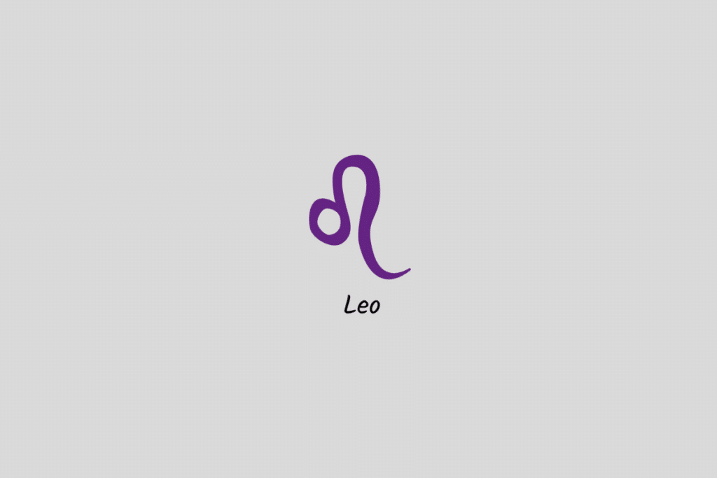 Ilustração do signo de Leão em roxo, com o nome abaixo, centralizada sobre um fundo cinza-claro