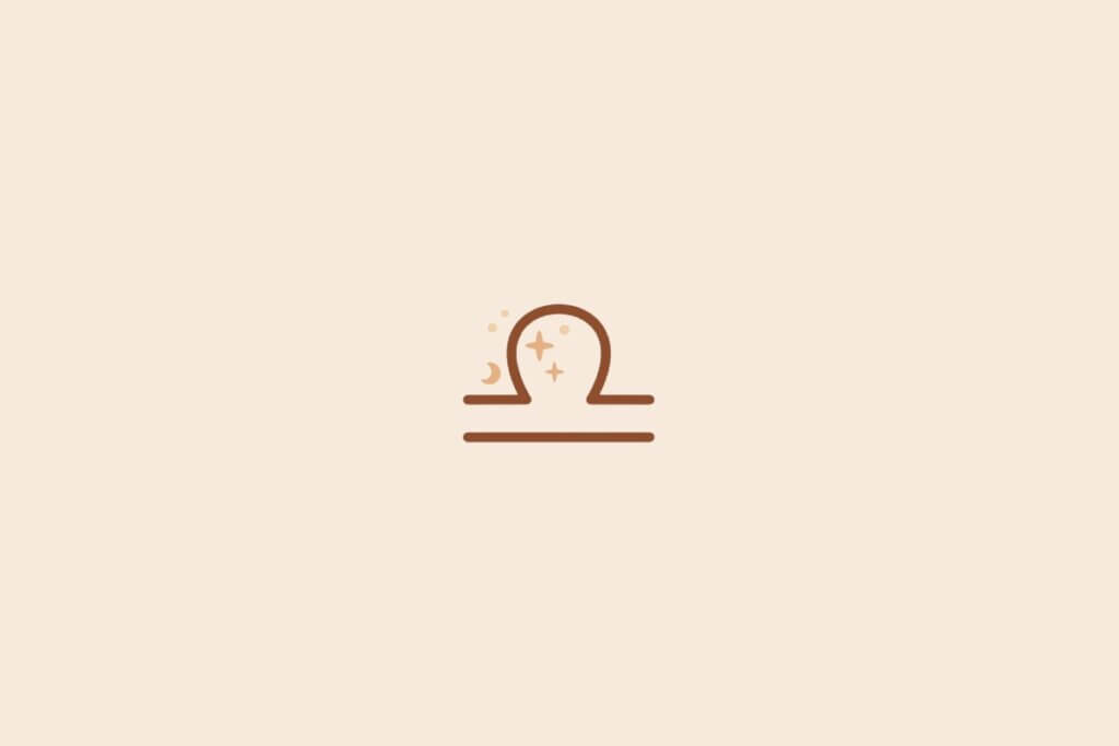 Imagem minimalista com fundo bege claro e um símbolo marrom de Libra no centro, acompanhado de pequenos detalhes místicos acima do desenho
