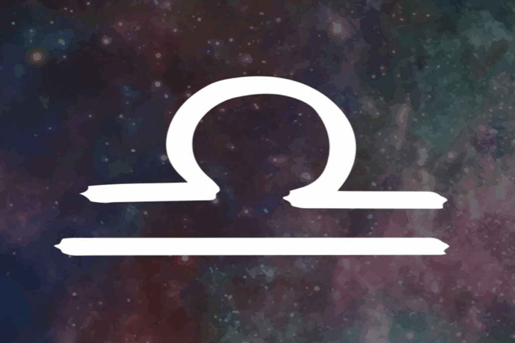 A imagem mostra o símbolo do signo de libra em branco, destacado no centro de um fundo escuro que remete ao espaço, com tons de vermelho, vinho e azul e pequenos pontos luminosos semelhantes a estrelas.