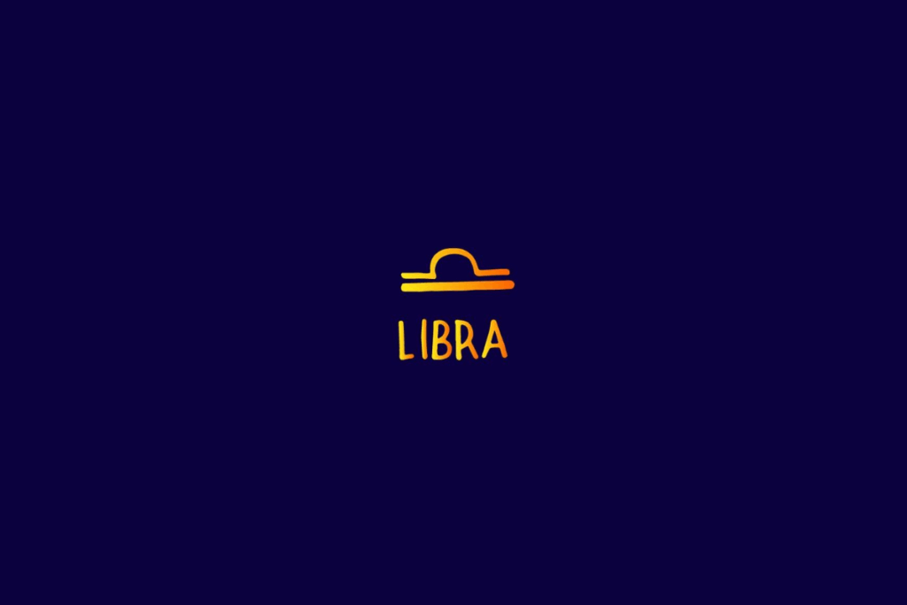 Ilustração do signo de Libra em amarelo e centralizado em fundo azul-escuro