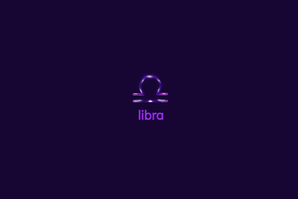 Ilustração do signo de libra em roxo-claro, com luzes brancas, nome do signo abaixo e composição centralizada sobre fundo roxo-escuro