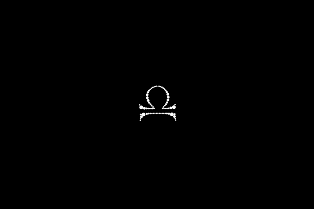 Ilustração do signo de libra formado por bolinhas na cor branca, centralizado em fundo preto