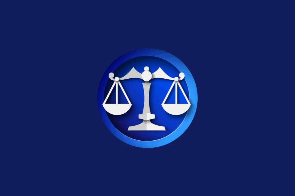 Ilustração do signo de Libra em cinza, dentro de uma esfera com cores mesclando tons de azul-claro e azul-escuro, centralizada sobre um fundo azul-escuro