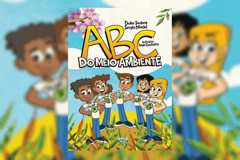 Capa de livro com título e nome do autor escrito em amarelo, branco e preto com ilustração de grupo de crianças de camiseta branca com ilustração do símbolo de reciclagem e escrito reciclar e calça azul em plantação