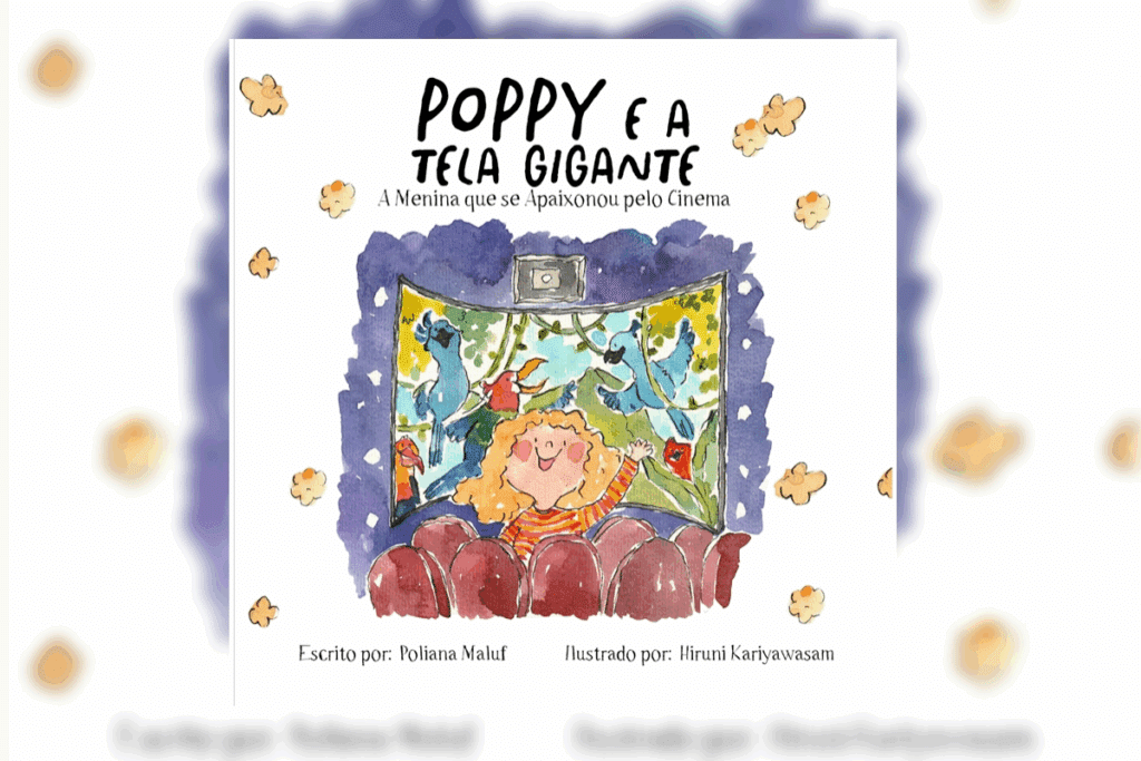 Capa de livro branca com título e nome do autor em preto e ilustração de menina com cabelo loiro, usando camisa laranja listrada no cinema, com tela com animais ao fundo