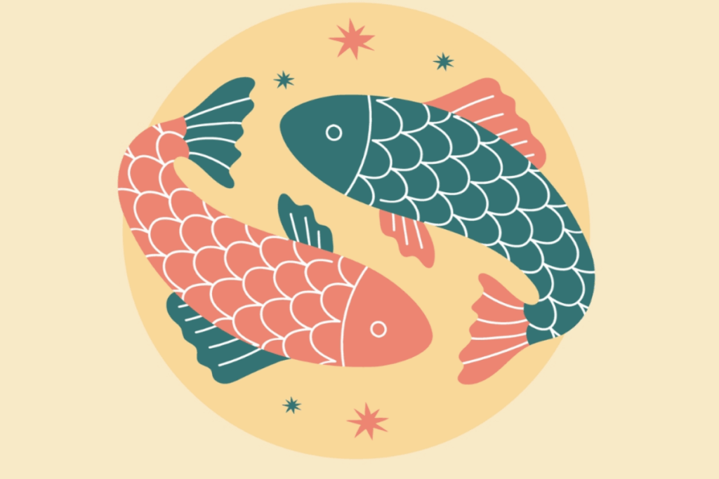 A imagem apresenta uma ilustração estilizada do signo de Peixes, composta por dois peixes posicionados em sentidos opostos e formando uma composição quase circular.