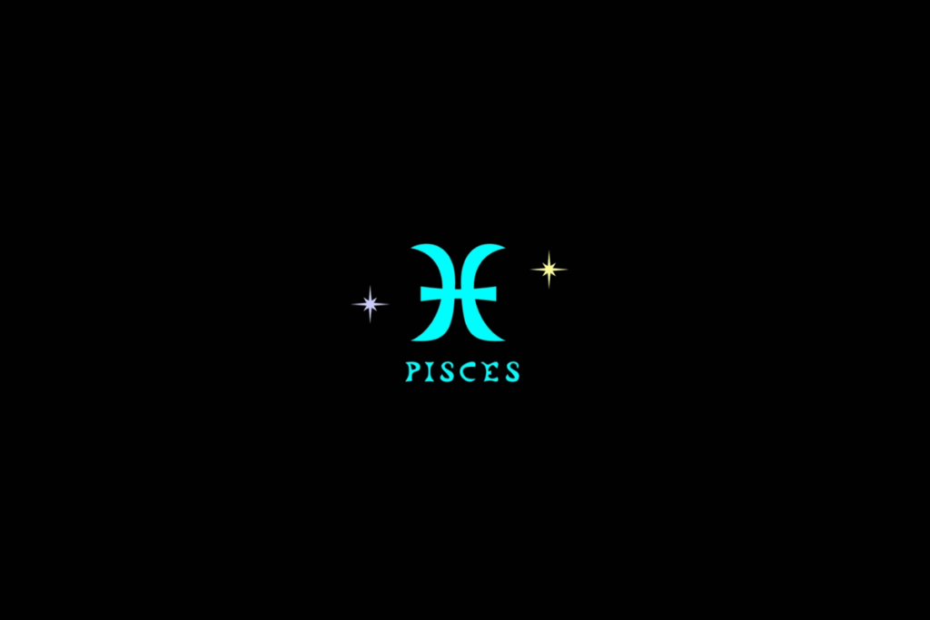 Ilustração do signo de Peixes, na cor verde e com o nome abaixo, centralizado sobre fundo preto e com estrelas ao redor