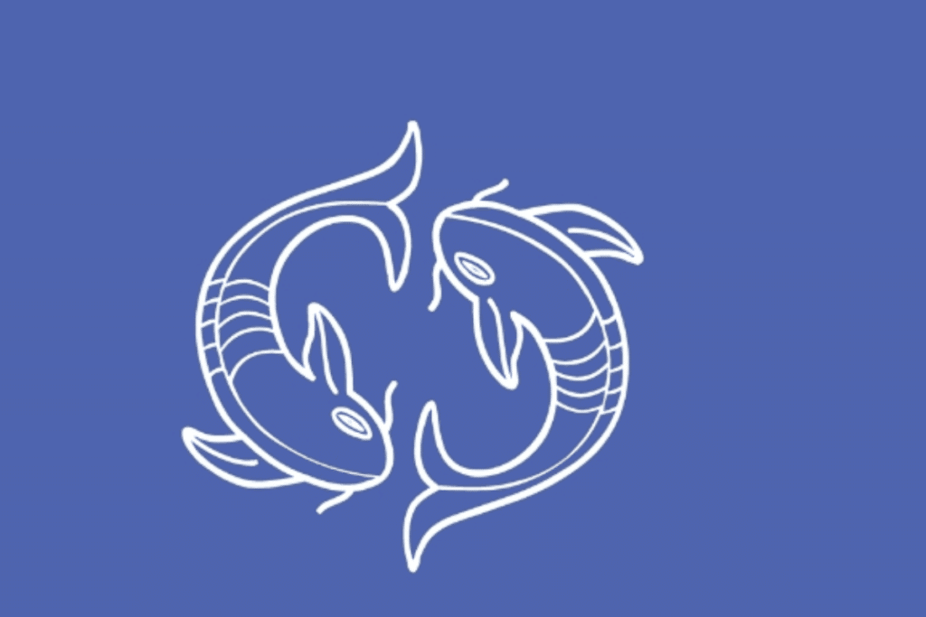A imagem apresenta uma representação estilizada do signo de Peixes, formada por dois peixes posicionados em sentidos opostos e unidos em uma composição circular.
