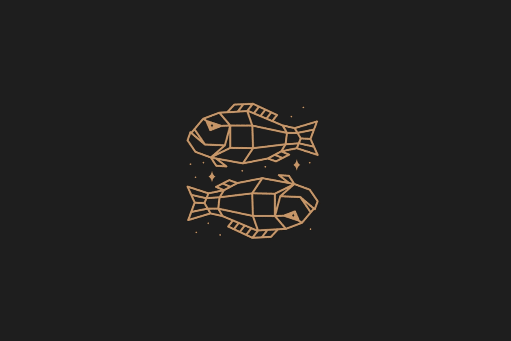 Ilustração do signo de peixes em dourado, com estrelas ao redor, centralizada sobre fundo preto