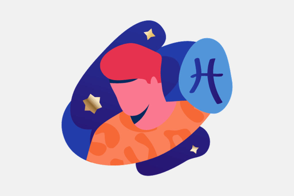 Ilustração do signo de Peixes, contendo o perfil de uma pessoa de cabelo vermelho e blusa laranja estampada e o símbolo de Peixes em um balão azul.