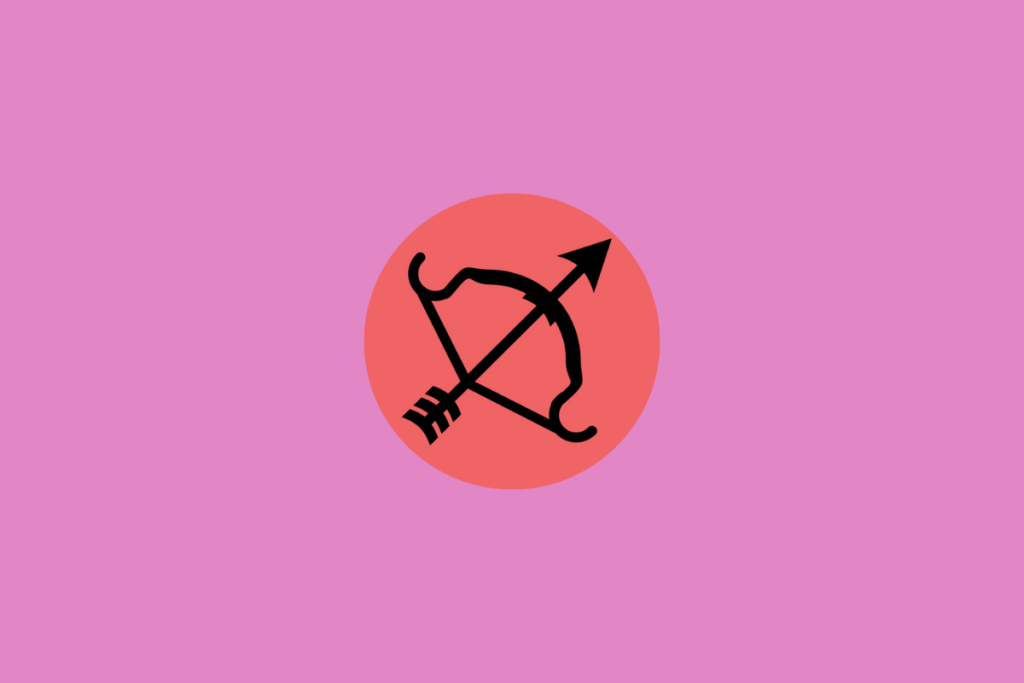Ilustração do signo de sagitário dentro de um círculo vermelho e centralizado em fundo rosa