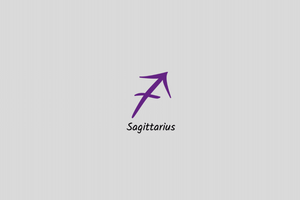 Ilustração do signo de Sagitário em roxo, com o nome abaixo, centralizada sobre um fundo cinza-claro