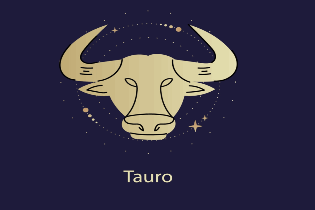 Ilustração amarela do símbolo e do nome do signo de touro sobre fundo azul-escuro
