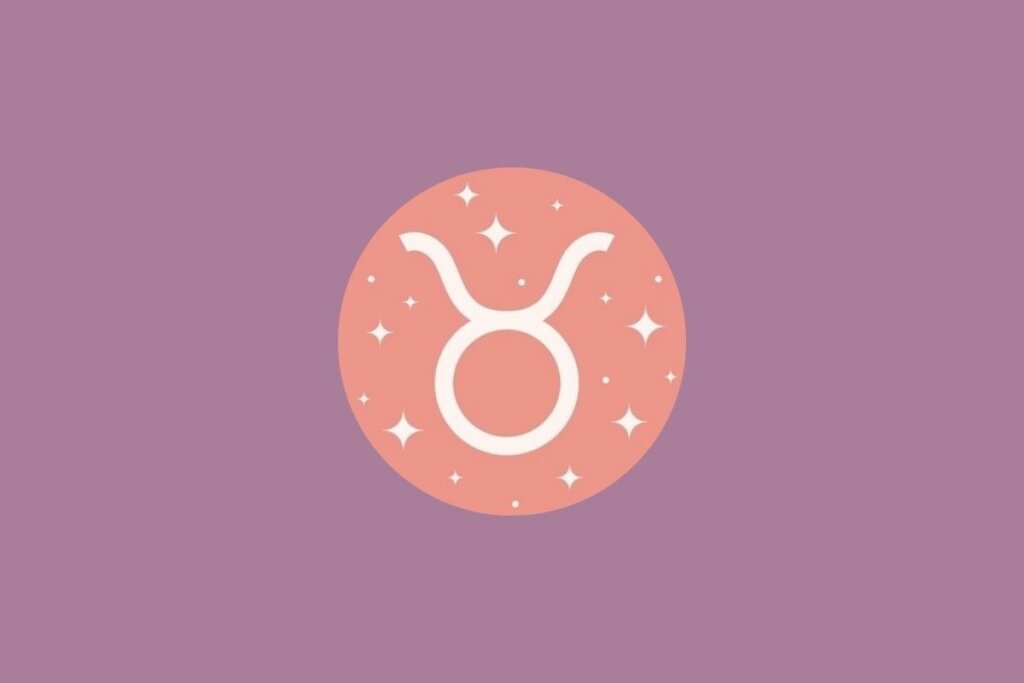 Ilustração de círculo rosa com estrelas e símbolo do signo de touro sobre fundo roxo