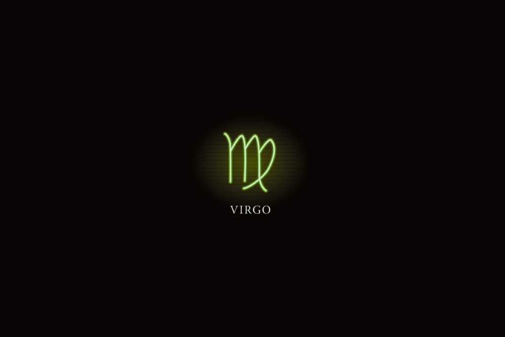 Ilustração do símbolo do signo de Virgem em verde, com o nome do signo abaixo, sobre fundo preto