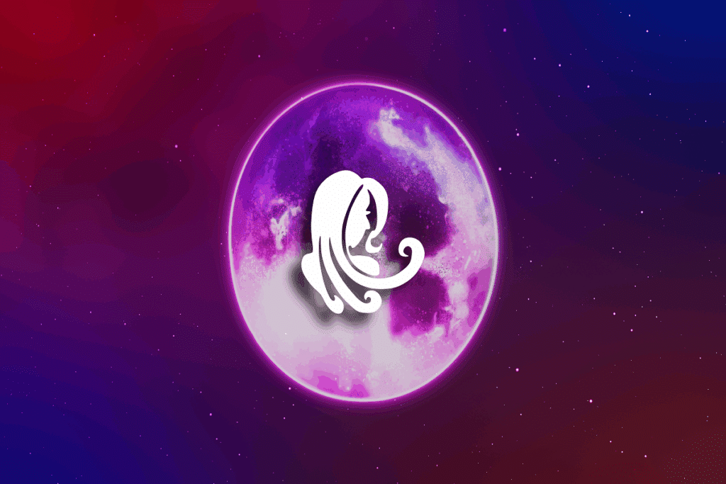 A imagem apresenta uma representação do signo de virgem, com a silhueta branca da cabeça de uma mulher posicionada no centro de uma lua em tons de roxo e rosa.