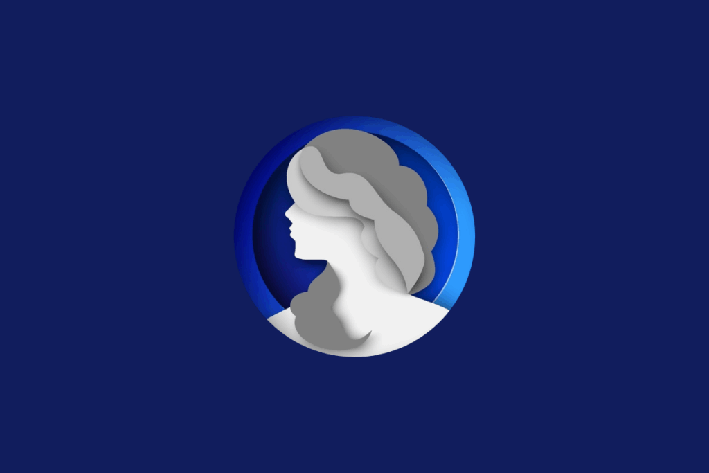 Ilustração do signo de Virgem em cinza, dentro de uma esfera com cores mesclando tons de azul-claro e azul-escuro, centralizada sobre um fundo azul-escuro