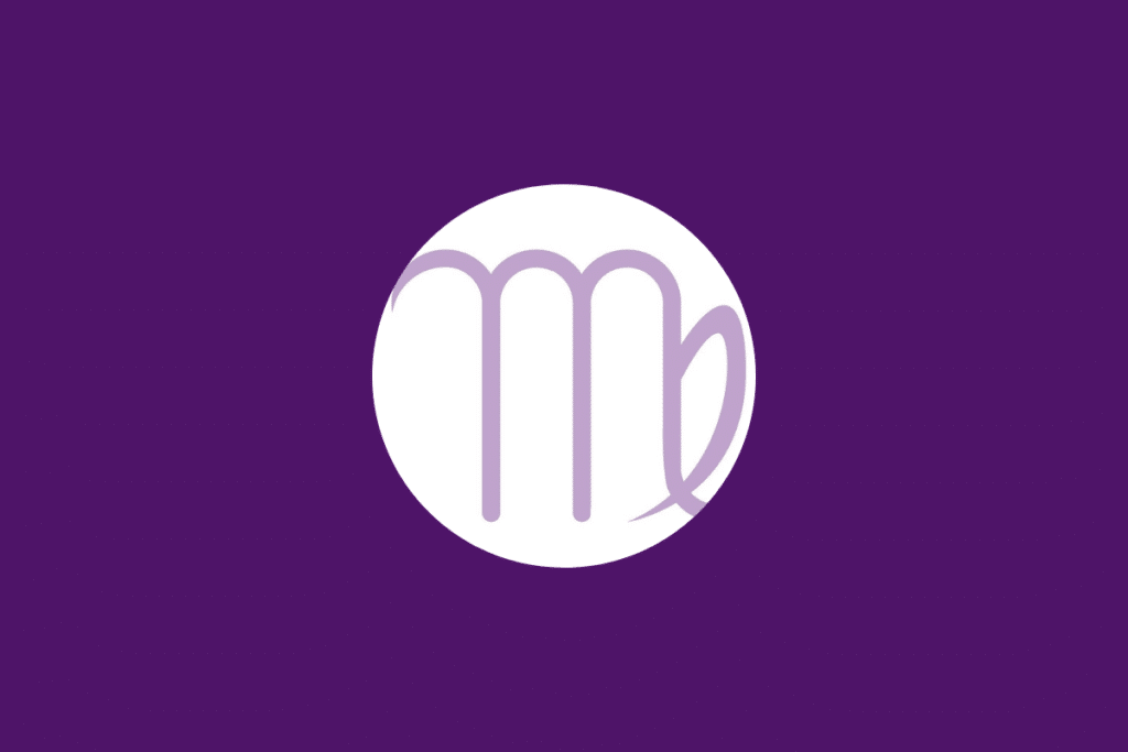 Círculo branco centralizado em fundo roxo e com o símbolo de virgem dentro