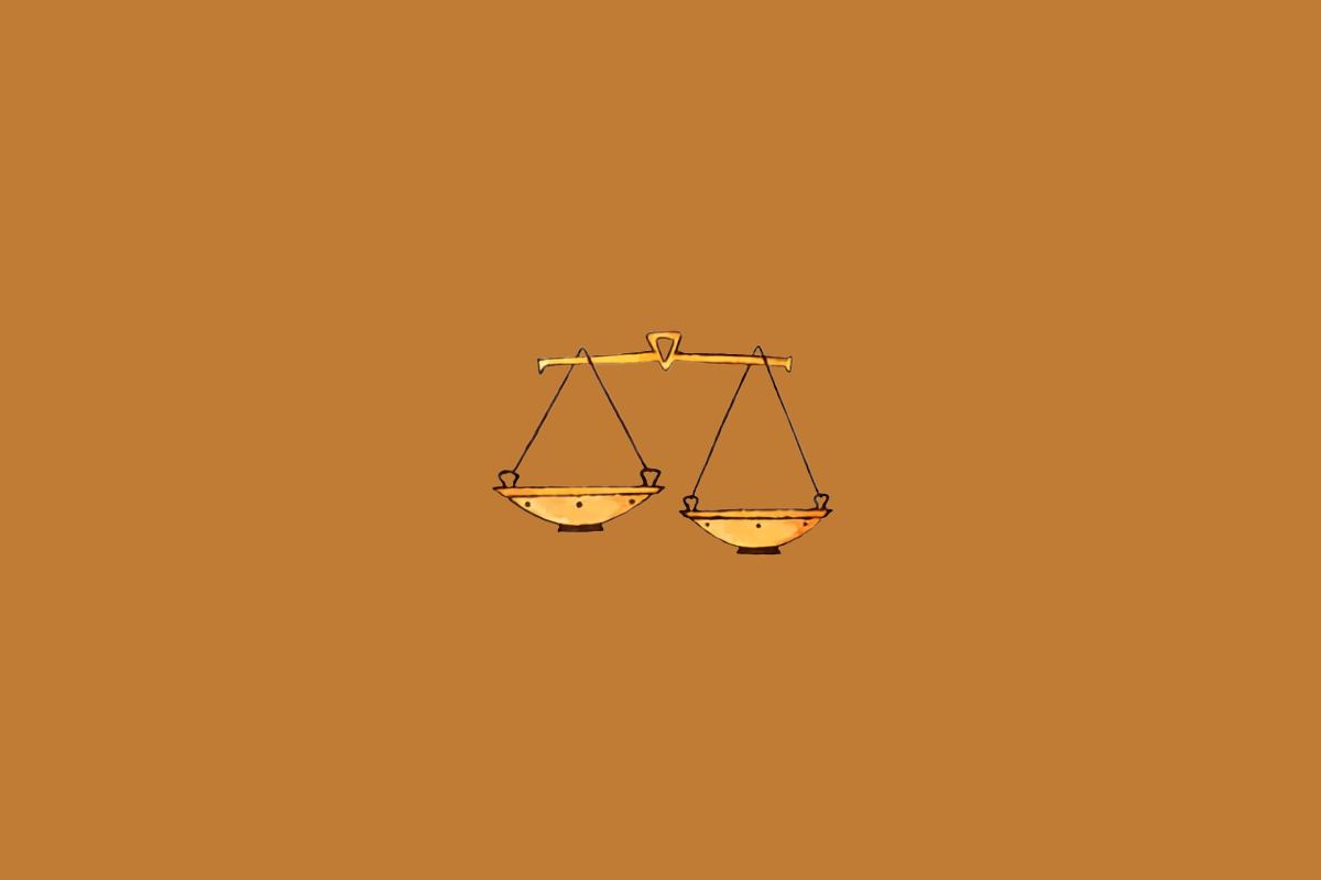 Símbolo do signo de Libra representado por uma balança dourada com dois pratos, centralizada sobre um fundo marrom-alaranjado.