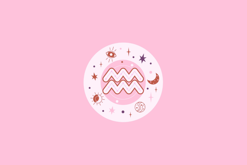 Ilustração estilizada em tons de rosa do símbolo do signo de Aquário, cercado por elementos místicos como lua, sol e estrelas.