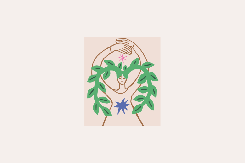 Ilustração do signo de Áries, contendo uma figura feminina de traço marrom, de olhos fechados e braços cruzados sobre a cabeça, com dois ramos verdes de folhas que se curvam a partir da cabeça como chifres de carneiro; uma pequena estrela rosa acima da cabeça e uma estrela azul no peito, em fundo rosa-claro.