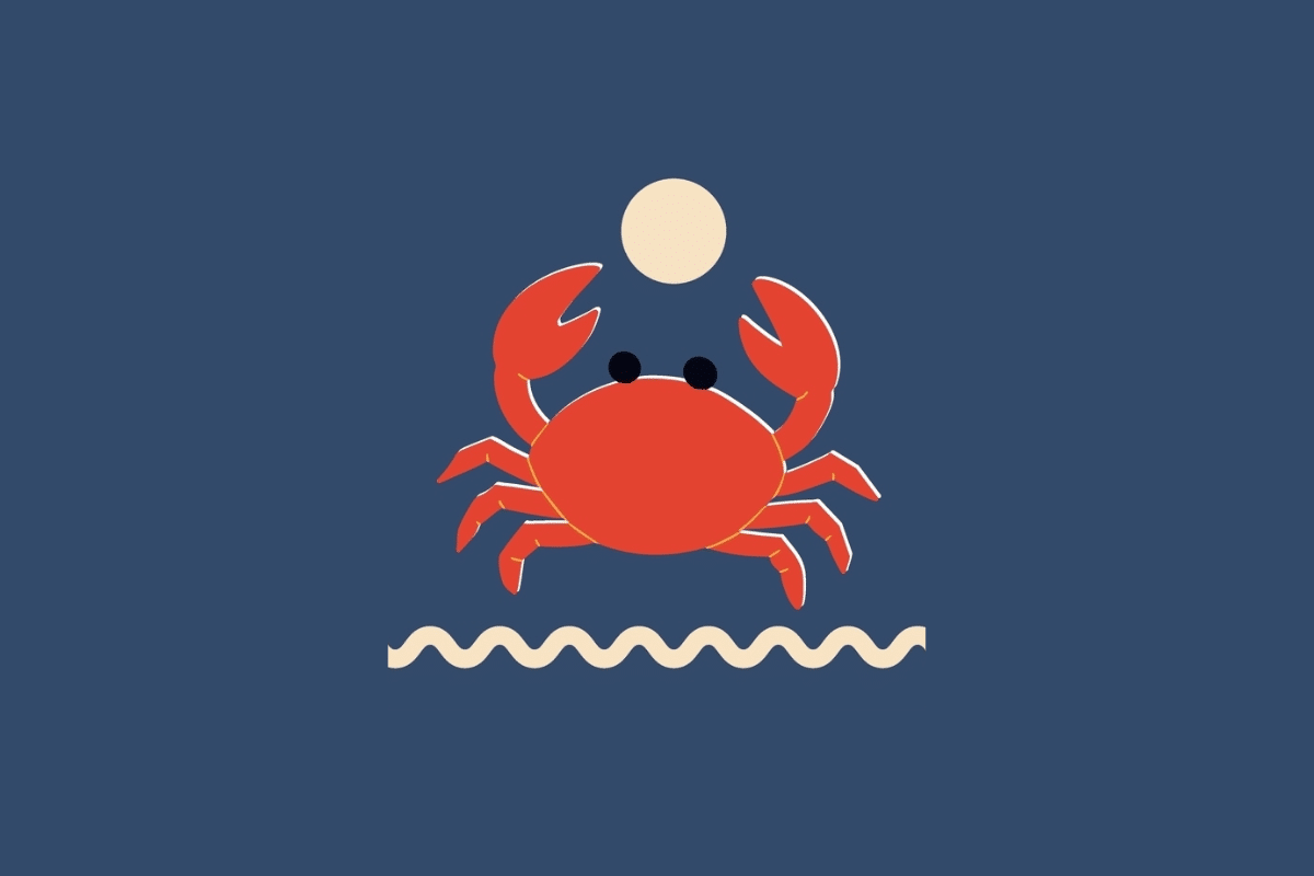 Ilustração de um caranguejo vermelho visto de frente, posicionado acima de uma linha ondulada branca e sob uma lua clara, sobre fundo azul-escuro.