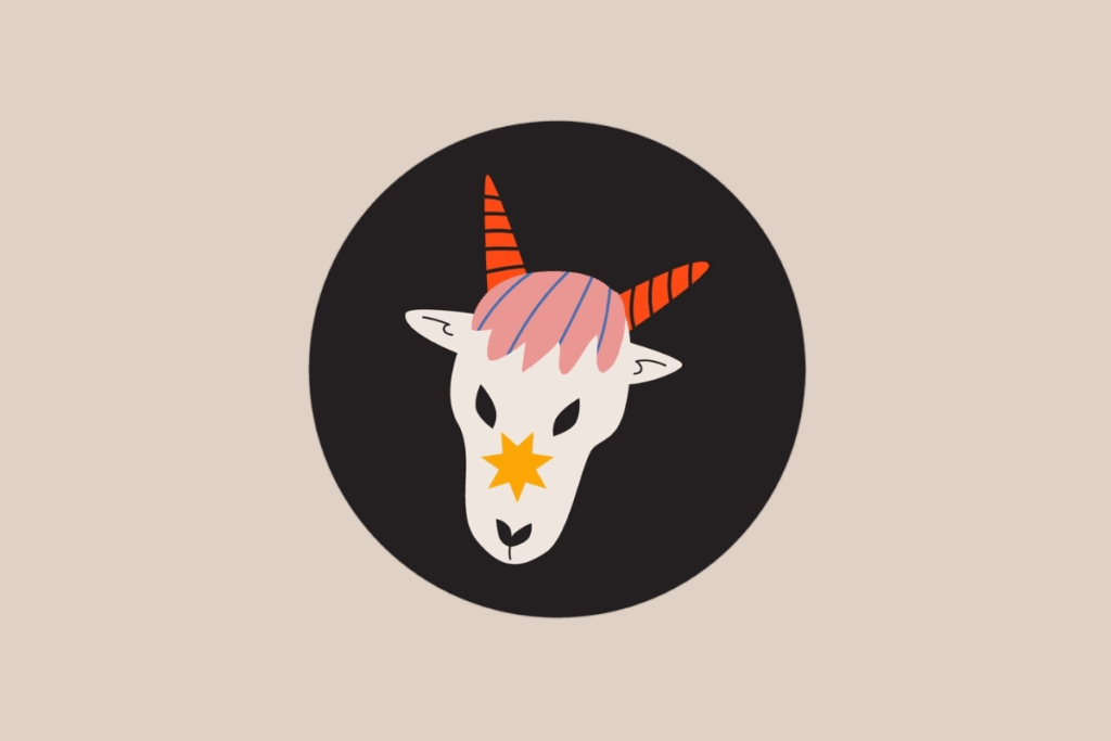 Ilustração do signo de Capricórnio representando a cabeça de uma cabra branca com chifres alaranjados, franja rosa e uma estrela amarela no focinho.