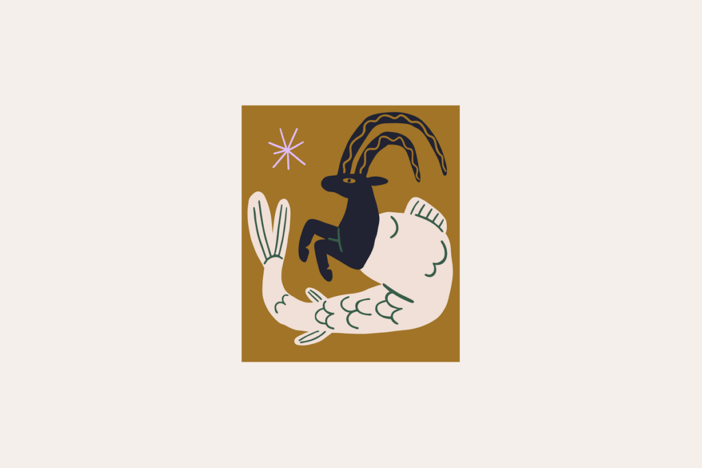 Ilustração do signo de Capricórnio, contendo uma cabra azul-marinho com longos chifres curvos decorados com linhas onduladas douradas, cujo corpo termina em uma grande cauda de peixe creme com escamas e nadadeiras desenhadas em verde; no canto superior, uma estrela lilás de traços finos, em fundo ocre.