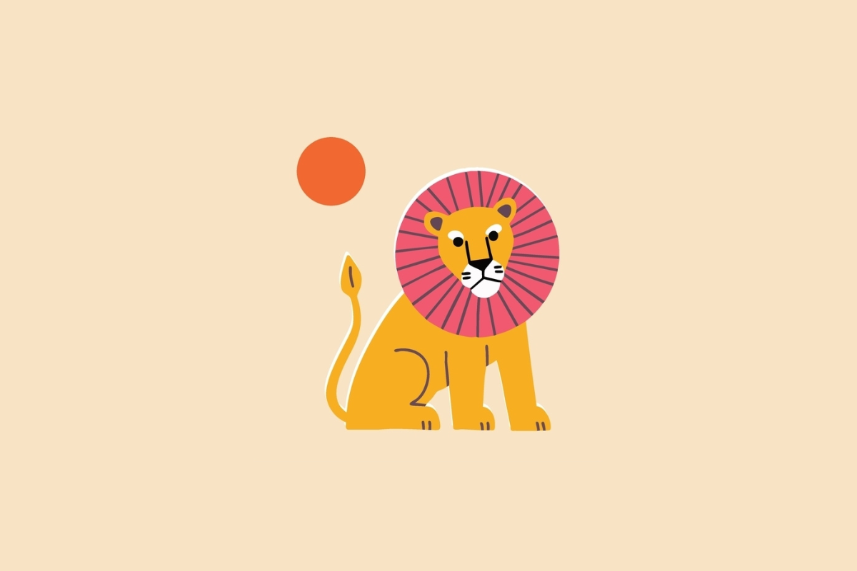 Ilustração estilizada de um leão amarelo sentado de perfil com a cabeça voltada para frente e uma juba circular rosa, acompanhado por um sol vermelho no topo esquerdo, sobre fundo bege.