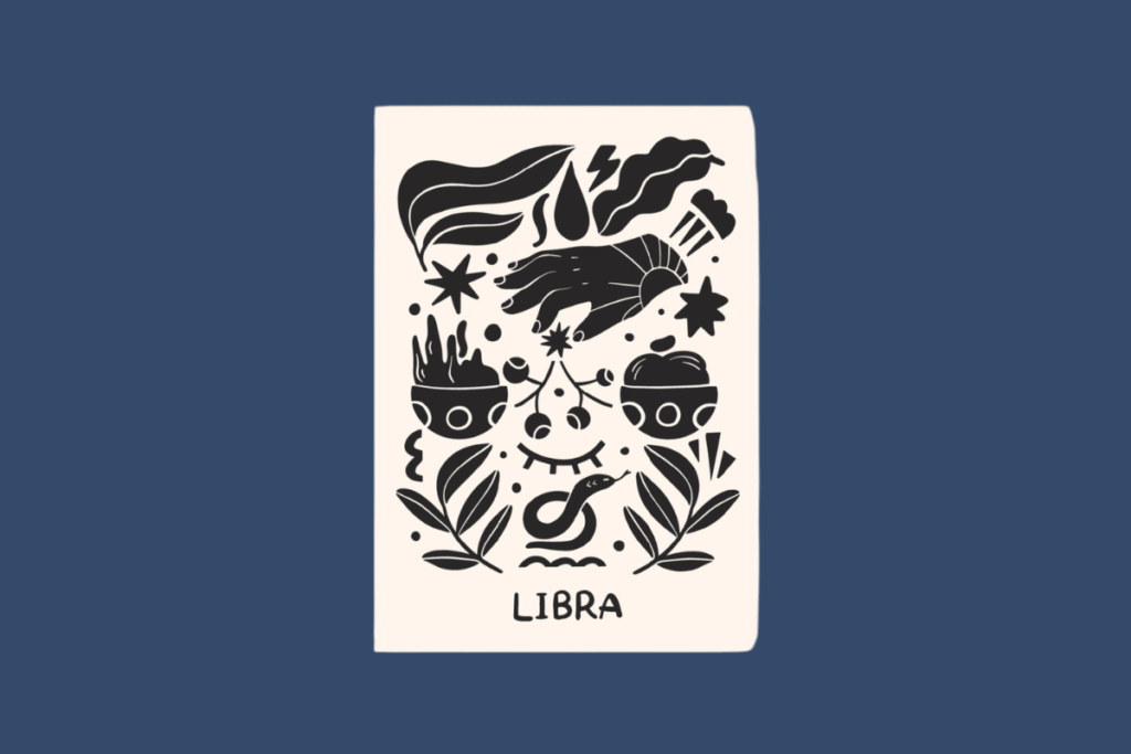 Uma carta vertical em tons de creme sobre um fundo azul-petróleo. A ilustração em preto, estilo carimbo recortado, mostra uma mão central segurando um feixe de bagas e uma estrela, equilibrada entre duas tigelas em forma de balança (uma com bagas e outra com flores). O desenho é preenchido com raminhos botânicos, estrelas pontiagudas, um olho místico e uma lua crescente. Abaixo da ilustração, a palavra "LIBRA" em letras maiúsculas sans-serif em preto.