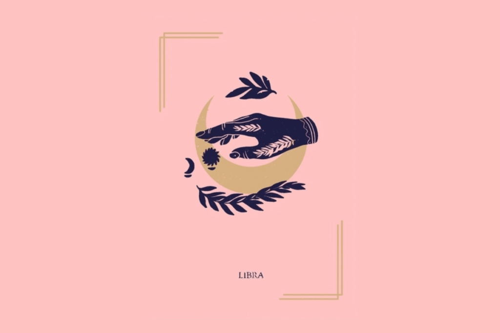 Ilustração mística sobre fundo rosa com a palavra "LIBRA" na parte inferior. Ao centro, uma mão estendida sobre uma lua crescente, cercada por elementos astronômicos e ramos de folhas.