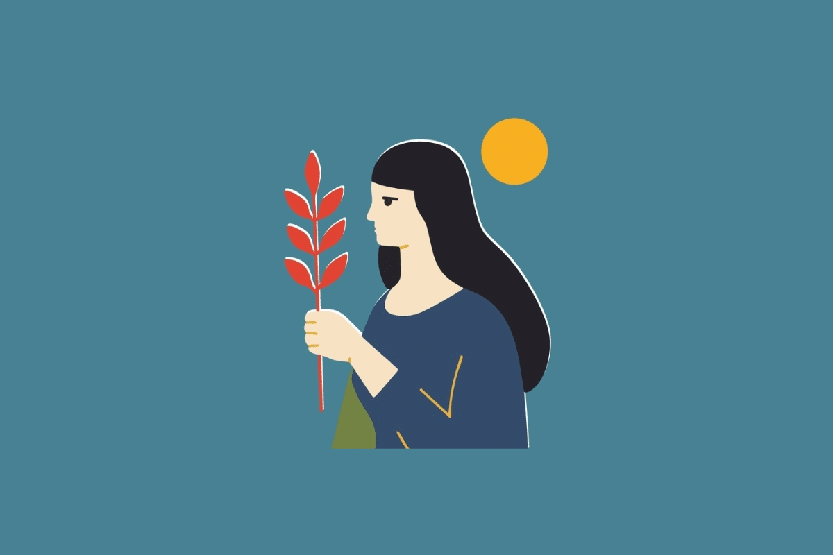 Ilustração estilizada de uma mulher de cabelo longo e escuro e blusa azul segurando um ramo com folhas vermelhas, sob um sol amarelo em fundo azul-petróleo.
