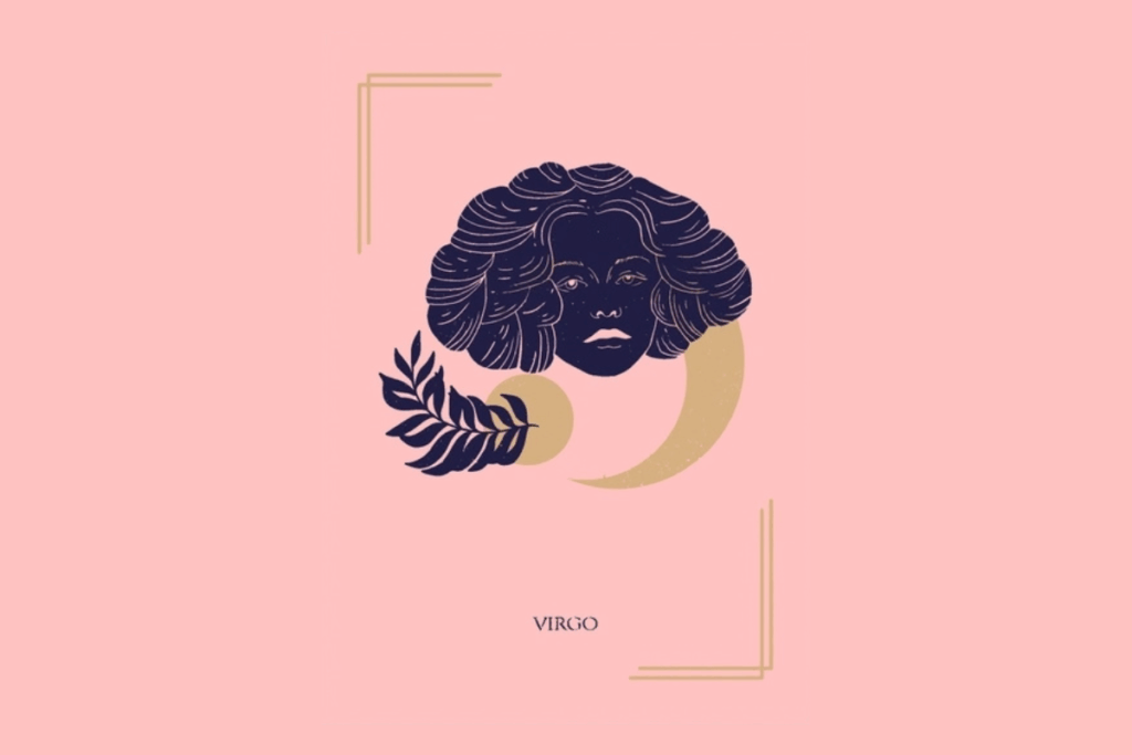 Ilustração mística sobre fundo rosa com a palavra "VIRGO" na parte inferior. Ao centro, o rosto de uma mulher com cabelos volumosos, emoldurado por uma lua crescente, um ramo de folhas e um círculo dourado.