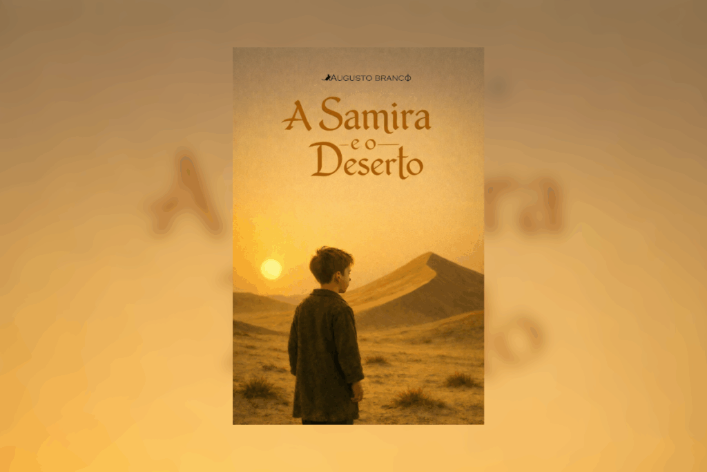 Capa do livro "A Samira e o Deserto", de Augusto Branco, mostrando um garoto de costas observando dunas sob o pôr do sol