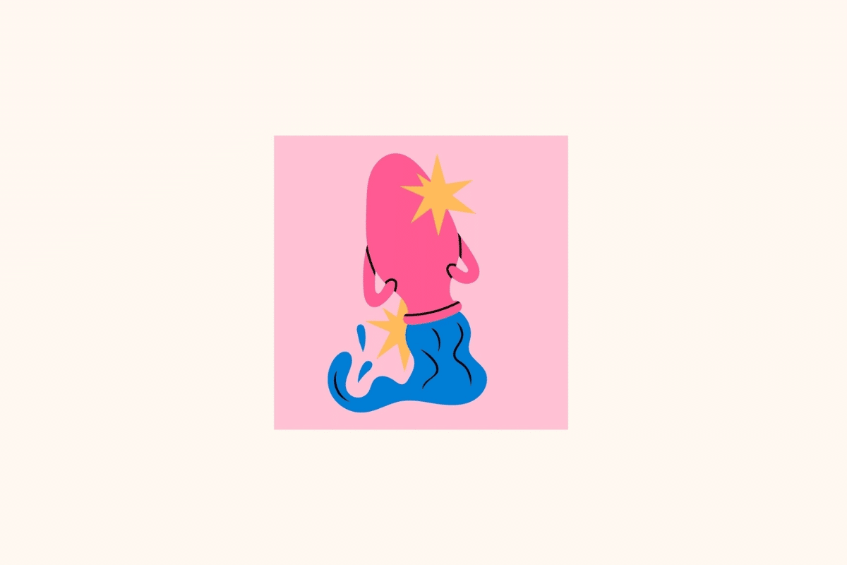 Ilustração estilizada do signo de Aquário centralizada em um quadrado rosa sobre fundo creme, retratando um vaso em tom rosa-choque virado para baixo, despejando água fluida em azul-cobalto, acompanhado por duas estrelas amarela-douradas ao lado da boca e no topo do vaso