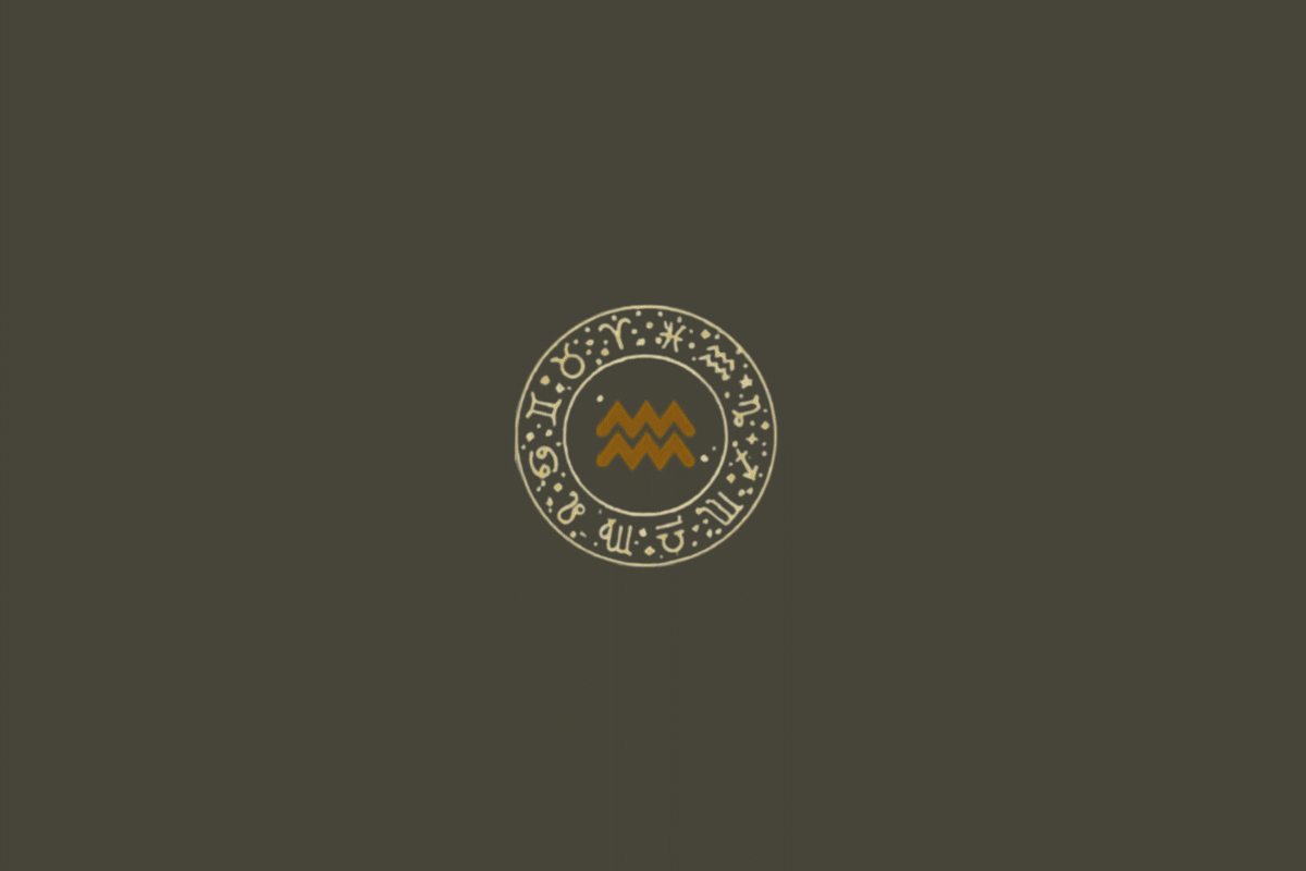 Fundo uniforme em cinza-escuro/oliva. No centro há um círculo formado por duas linhas finas em dourado-claro, com os símbolos dos 12 signos distribuídos ao redor, acompanhados de pequenos pontos e elementos decorativos. No interior do círculo aparece o símbolo de Aquário, formado por duas linhas onduladas horizontais em dourado-ocre.