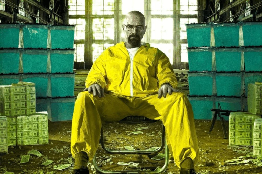 Um homem careca, de óculos e cavanhaque, está sentado em uma cadeira usando um macacão amarelo. Ao redor dele há grandes caixas azuis empilhadas e diversos pacotes de dinheiro espalhados pelo chão e posicionados nas laterais da cena.