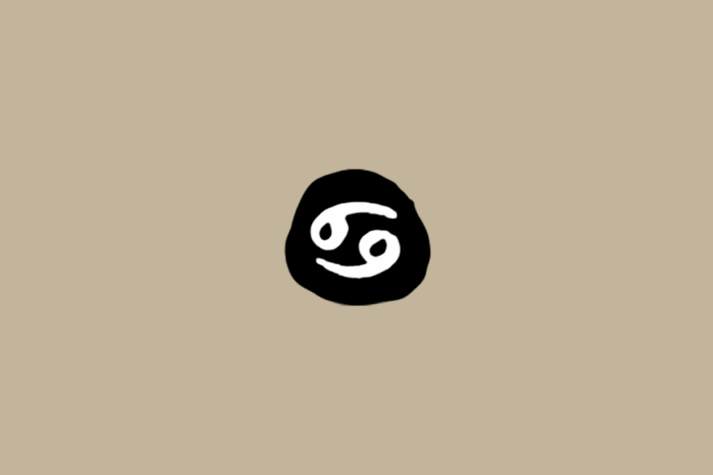 Símbolo do signo de Câncer em branco dentro de círculo preto em fundo bege